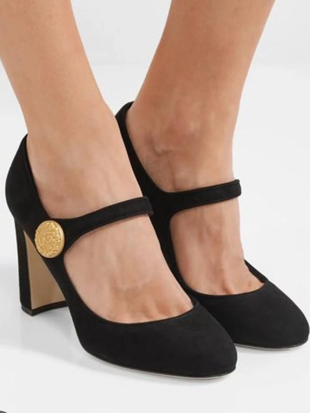 Dolce & Gabbana Black Suede Mary Jane Pumps with Gold Button 5.5